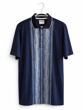 Izod Navy Polo with White Vertical Stripe Panel – Size Small EUC
